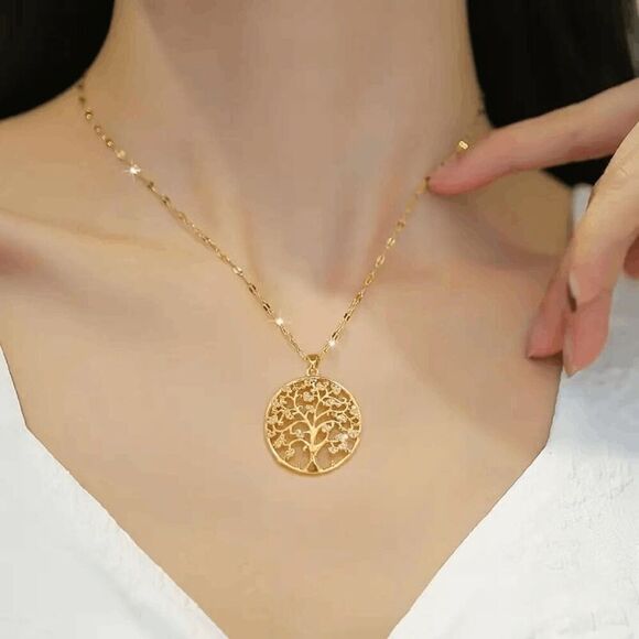 Tree Of Life Diamond Gold Plated Pendant Necklace - Picture 1 of 5